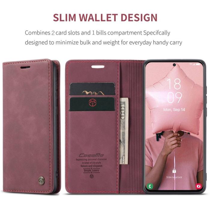 Caseme - CASEME 013 Series Läderplånbok Skal för Samsung Galaxy S21 - Vinröd