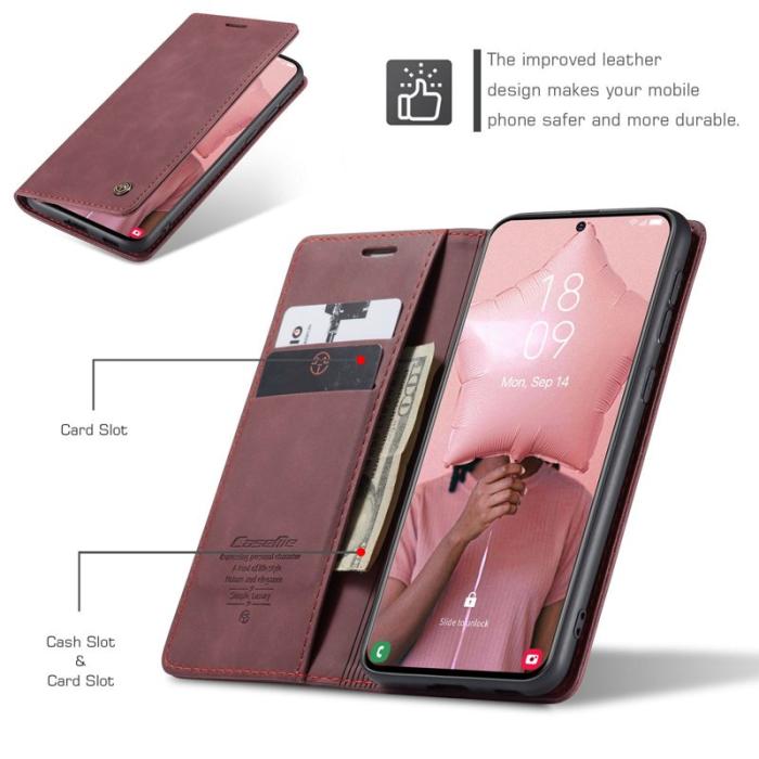 Caseme - CASEME 013 Series Läderplånbok Skal för Samsung Galaxy S21 - Vinröd