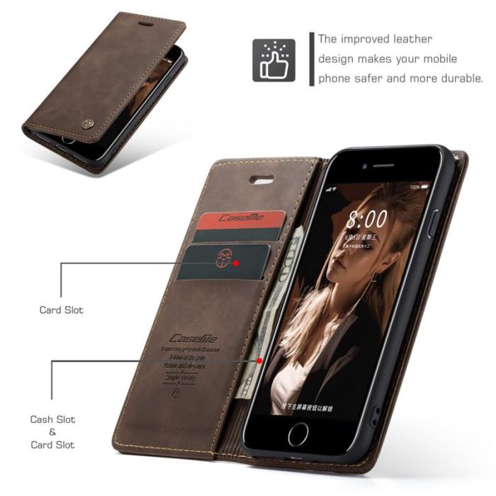 Caseme - CASEME 013 Series PU Läder Skal med Ställ för iPhone 8/7/SE - Kaffe