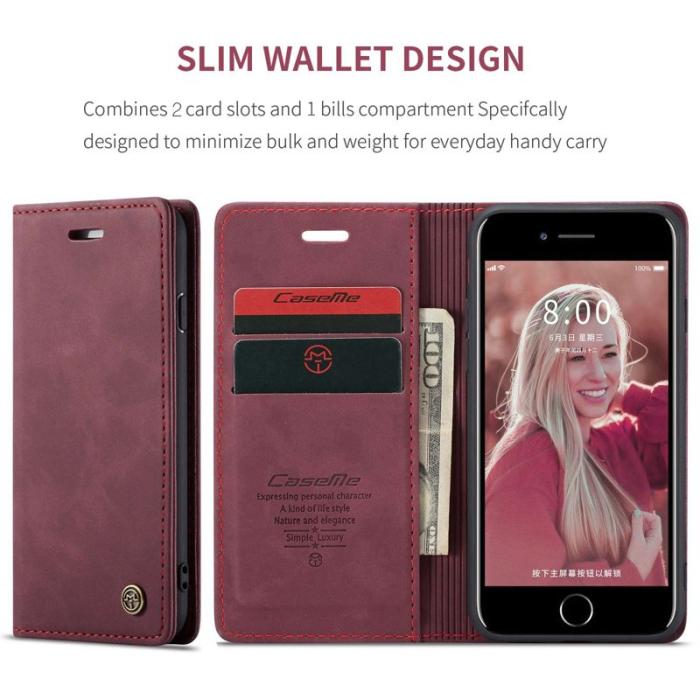 Caseme - CASEME 013 Skal i PU-läder med plånbok för iPhone 8/7/SE - Vinröd