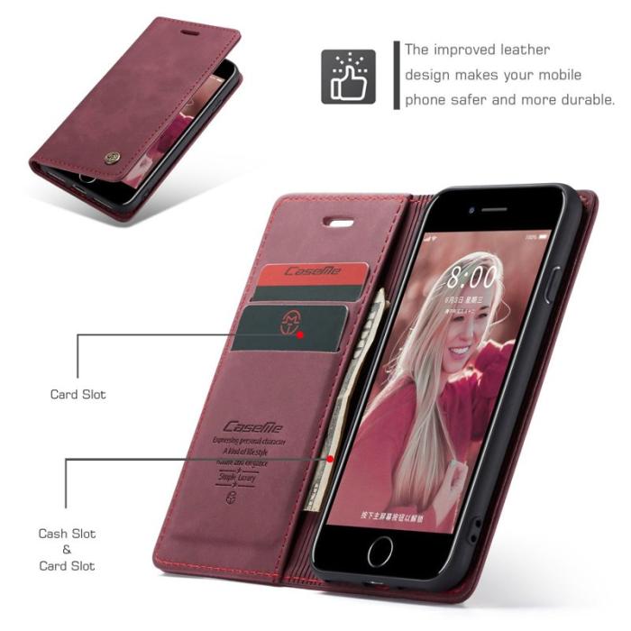 Caseme - CASEME 013 Skal i PU-läder med plånbok för iPhone 8/7/SE - Vinröd