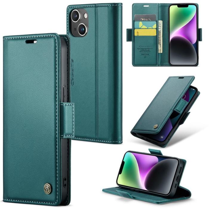 Caseme - CASEME iPhone 14 Plånboksfodral Konstläder RFID-Skydd 3 Kort Grön