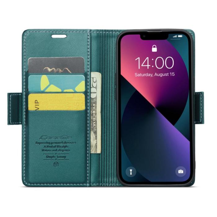 Caseme - CASEME iPhone 14 Plånboksfodral Konstläder RFID-Skydd 3 Kort Grön