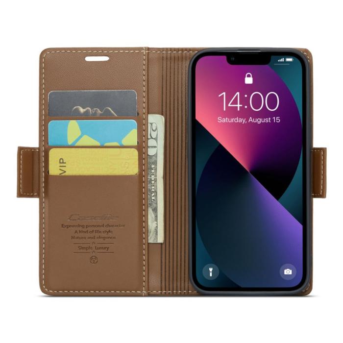 Caseme - CASEME iPhone 14 Plånboksfodral Konstläder RFID-Skydd 3 Kortfack Brun