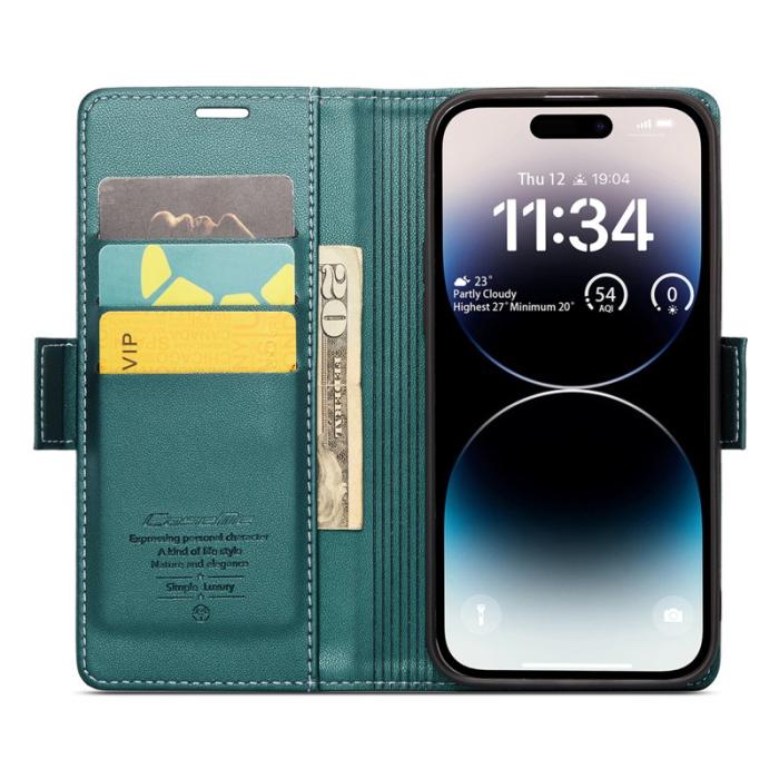 Caseme - CASEME 023 iPhone 14 Pro Läderfodral RFID 3 Kort Grön