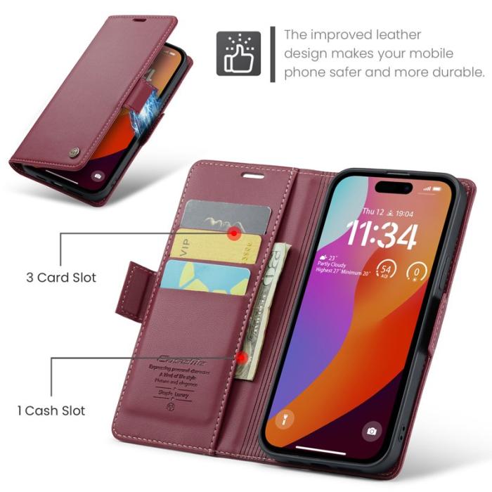 Caseme - CASEME 023 iPhone 16 Pro Läderfodral RFID Blocker Röd