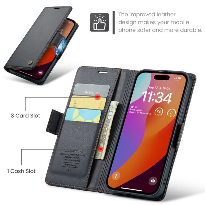 Caseme - CASEME 023 iPhone 16 Pro Max Läderfodral RFID Blocker Svart