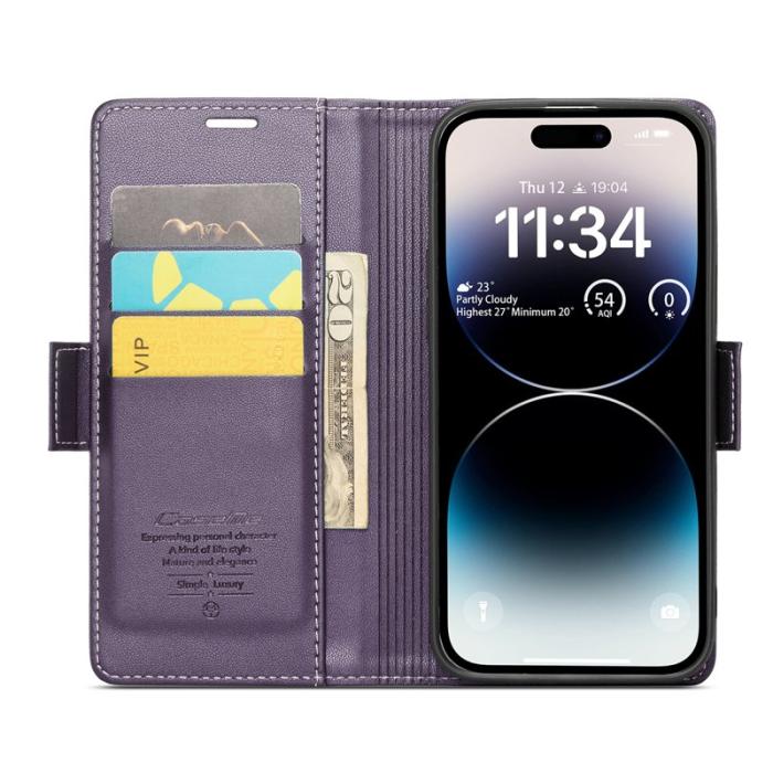 Caseme - CASEME 023 Läderfodral iPhone 14 Pro Max RFID Blockering Lila