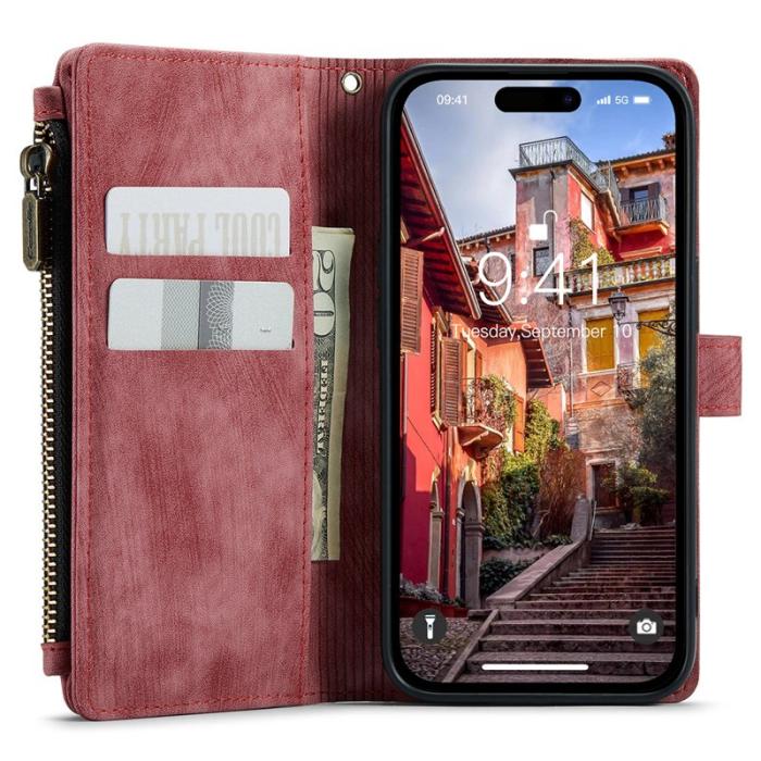 Caseme - CASEME C30 Fodral för iPhone 15 Pro med rem, röd PU-läder