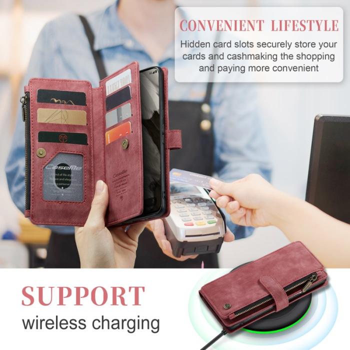 Caseme - CASEME C30 Plånboksfodral till Google Pixel 8 med rem, röd Konstläder