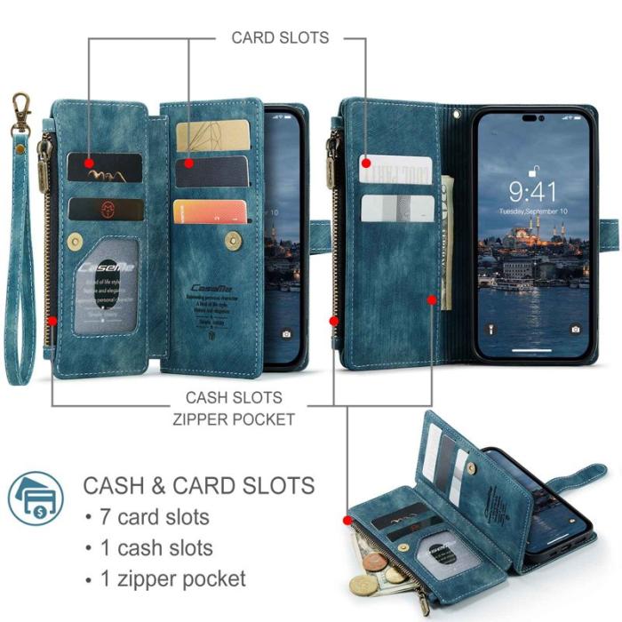Caseme - CASEME C30 iPhone 14 Pro Fodral PU Läder Blå med Kortfack