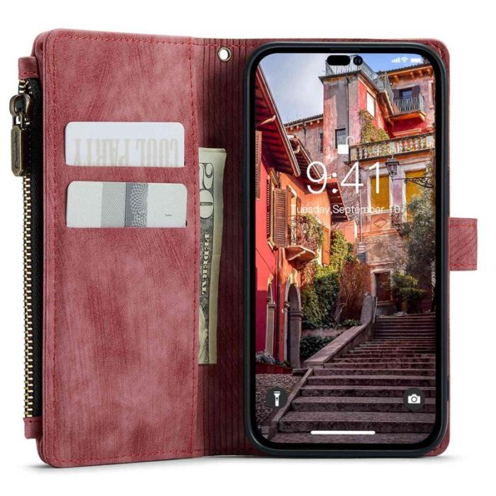 Caseme - CASEME C30 iPhone 14 Pro Fodral PU Läder Röd med Kortfack