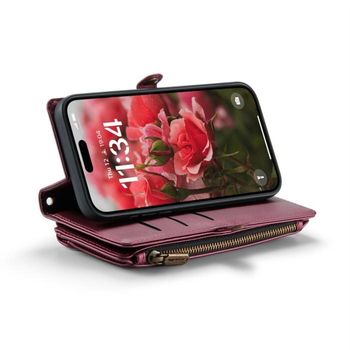 Caseme - CASEME C36 iPhone 16 Plus Läderfodral med Dragkedja Vinröd