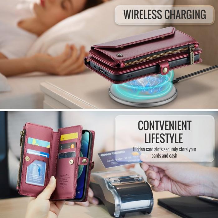 Caseme - CASEME Plånboksfodral Konstläder för iPhone 12/12 Pro - Vinröd