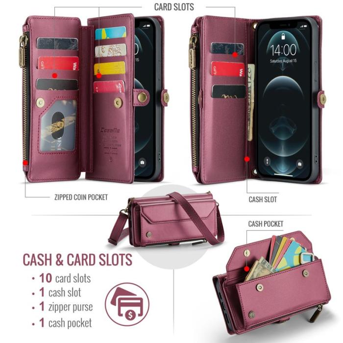 Caseme - CASEME Plånboksfodral Konstläder för iPhone 12 Pro Max - Vinröd