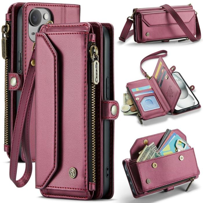 Caseme - CASEME C36 Läderfodral för iPhone 15 med kortfack - Vinröd