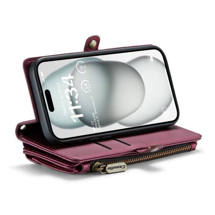 Caseme - CASEME C36 Läderfodral för iPhone 15 med kortfack - Vinröd
