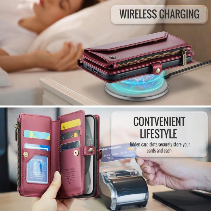 Caseme - CASEME C36 Läderfodral för iPhone 15 med kortfack - Vinröd