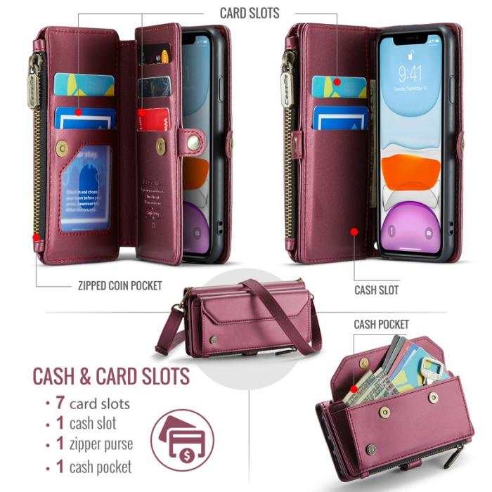 Caseme - CASEME C36 Läderfodral till iPhone 11 med kortfack - Vinröd