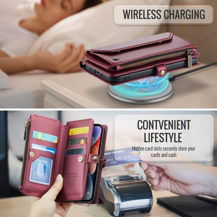 Caseme - CASEME C36 Läderfodral till iPhone 14 med kortfack - Vinröd