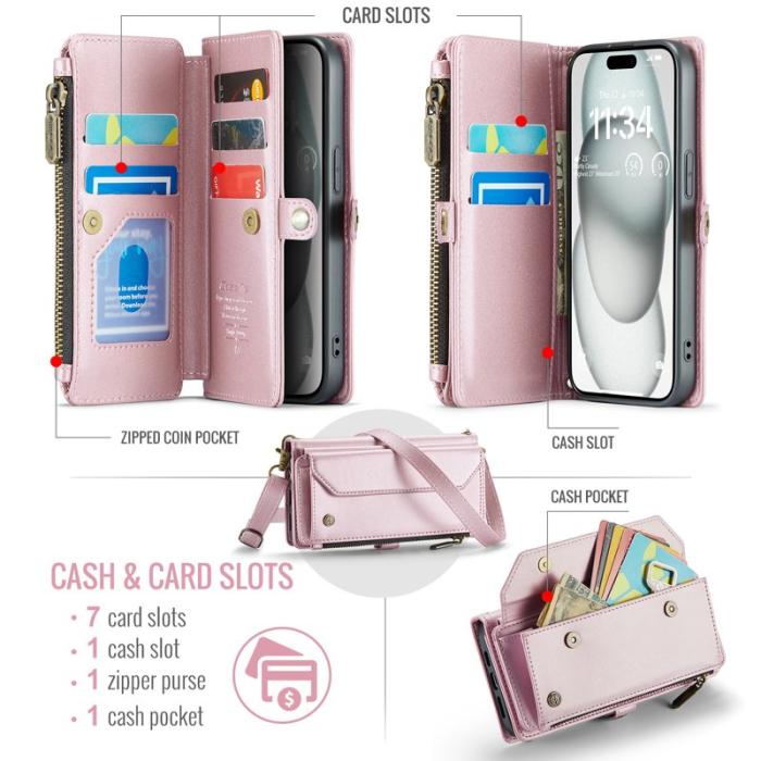 Caseme - CASEME C36 Läderfodral till iPhone 15 med kortfack - Rosa