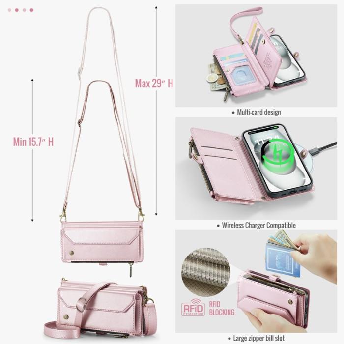 Caseme - CASEME C36 Läderfodral till iPhone 15 med kortfack - Rosa