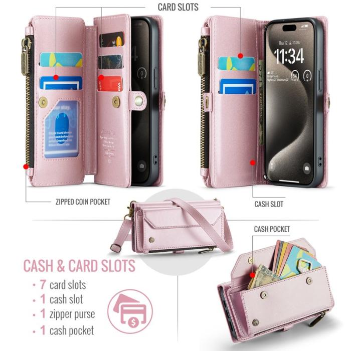 Caseme - CASEME C36 Läderfodral till iPhone 15 Pro med kortfack - Rosa