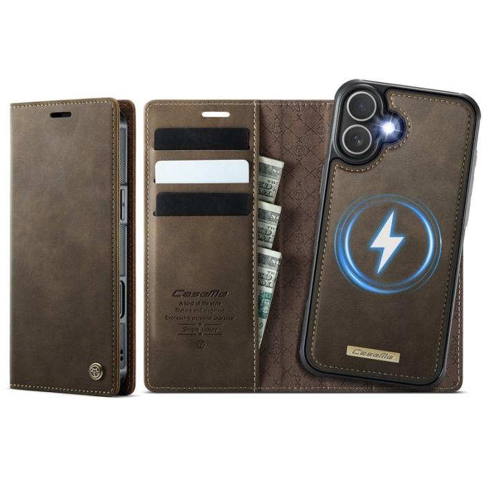 Caseme - CASEME C49 iPhone 16 Skal MagSafe RFID Blocker Läder Kaffe