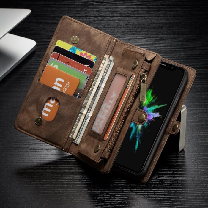 Caseme - CASEME Vintage PU Läder 2-i-1 Plånbok Skal iPhone Xs - Brun