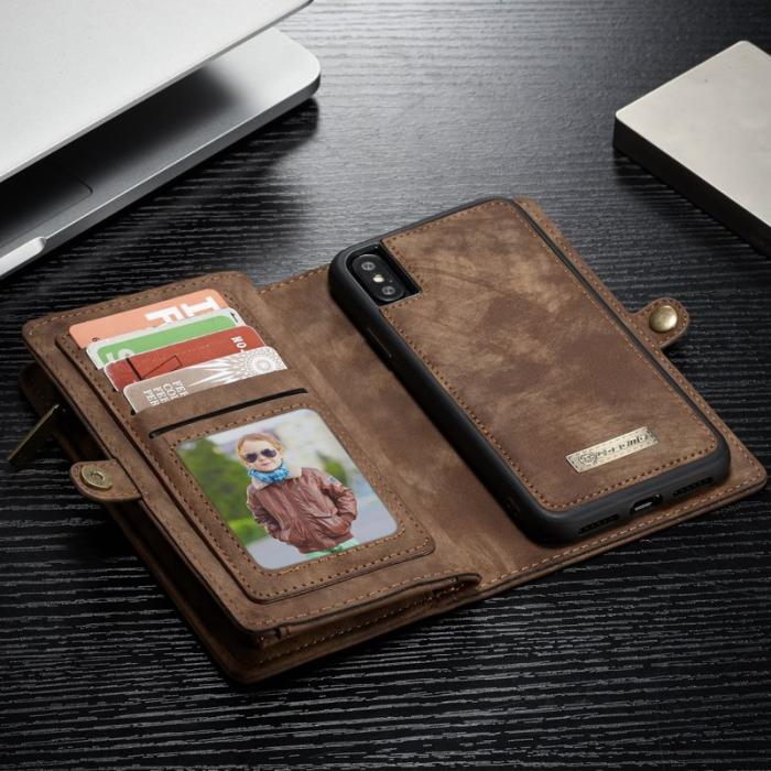 Caseme - CASEME Vintage PU Läder 2-i-1 Plånbok Skal iPhone Xs - Brun