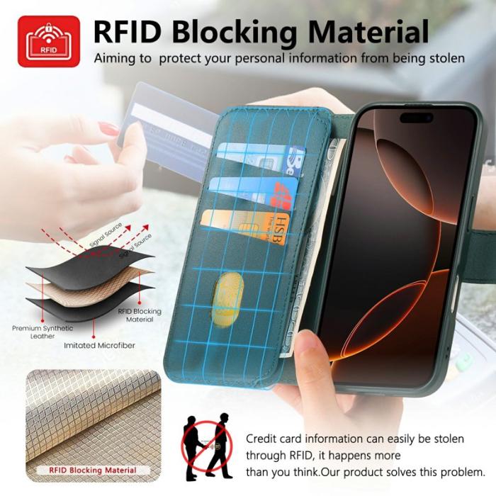 CASENEO - CASENEO iPhone 16 Fodral Magnetiskt RFID Blocker Äkta Läder - Grön