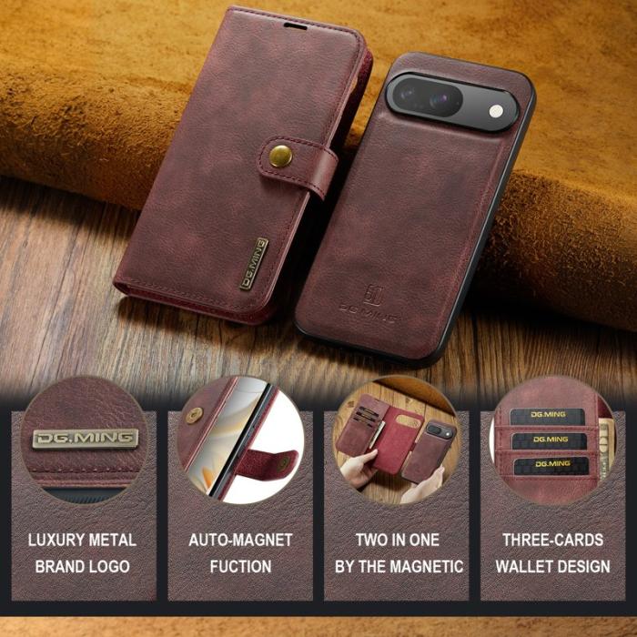 DG.MING - DG.MING Google Pixel 9 / 9 Pro Fodral Delbart Läder Röd