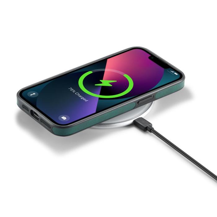 DG.MING - DG.MING iPhone 13 Skal Läderbeläggning Trådlös Laddning Grön