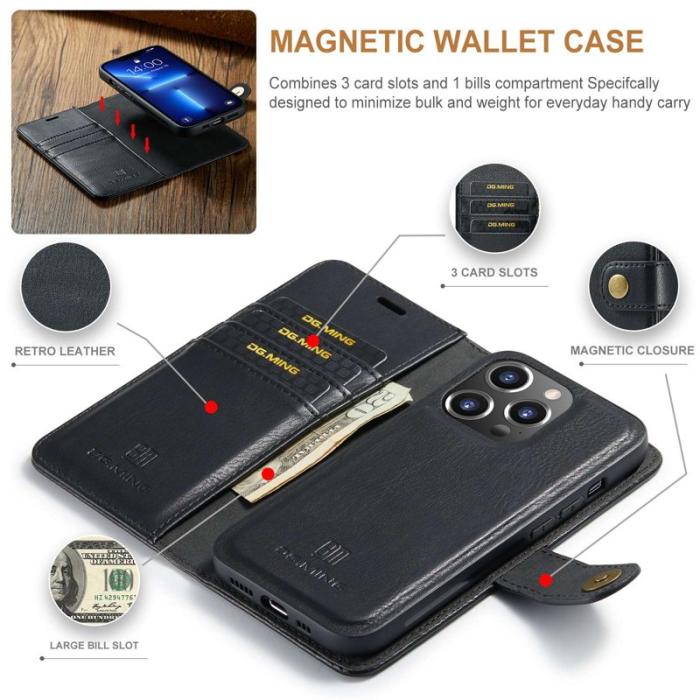 DG.MING - DG.MING iPhone 14 Pro Max Skal Wallet Magnetiskt Läder Svart