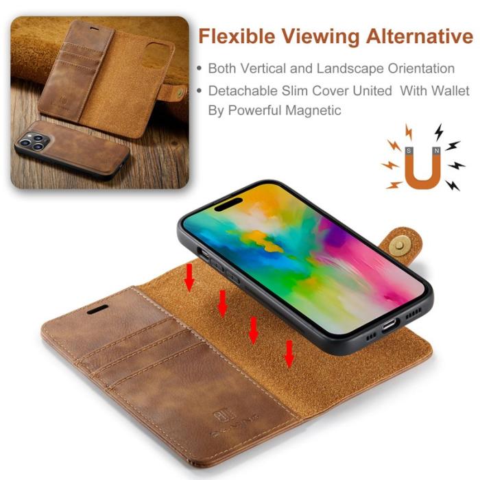 DG.MING - DG.MING iPhone 16 Pro Fodral Delbart Läder Telefonöverdrag - Brun