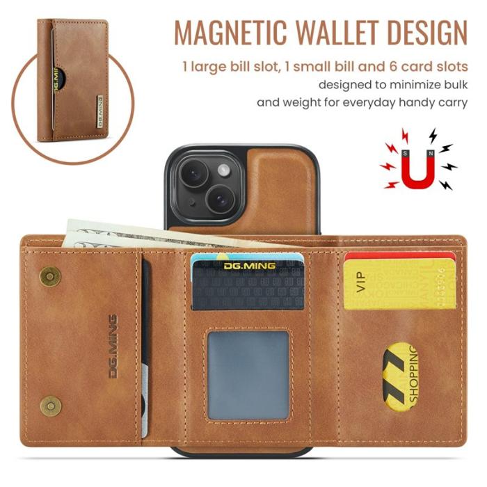DG.MING - DG.MING M6 Series iPhone 15 Skal Magnetiskt Plånboksfodral Brun