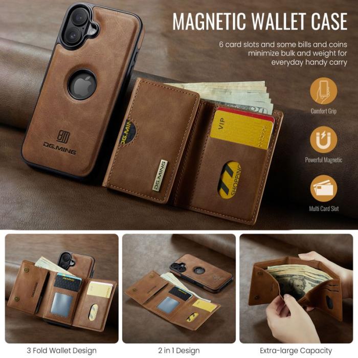 DG.MING - DG.MING M6 Series iPhone 17 Skal Magnetiskt Plånboksfodral Brun