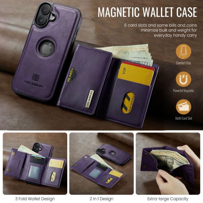 DG.MING - DG.MING M6 Series iPhone 17 Skal Magnetiskt Plånboksfodral Lila