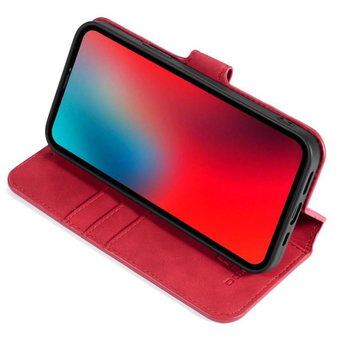 DG.MING - DG.MING Retro Läderfodral med Ställ och Rem för iPhone 13 Pro Max - Röd