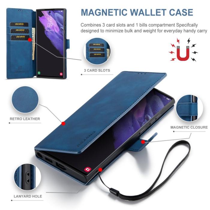 DG.MING - DG.MING Retro PU Leather Wallet Skal för Samsung Galaxy S22 Ultra - Blå
