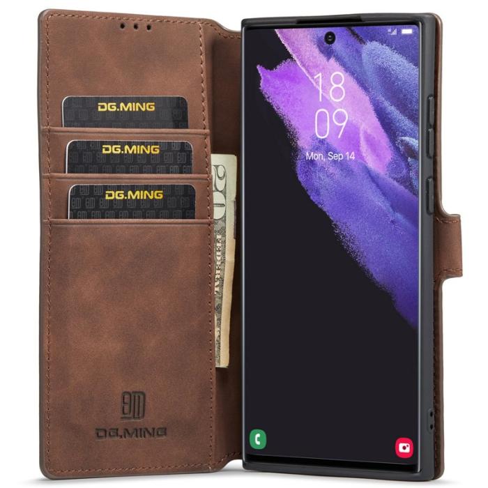 DG.MING - DG.MING Retro PU Leather Wallet Skal för Samsung Galaxy S22 Ultra - Coffee