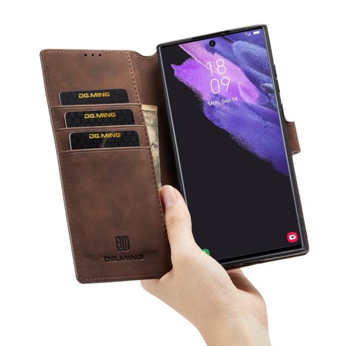 DG.MING - DG.MING Retro PU Leather Wallet Skal för Samsung Galaxy S22 Ultra - Coffee