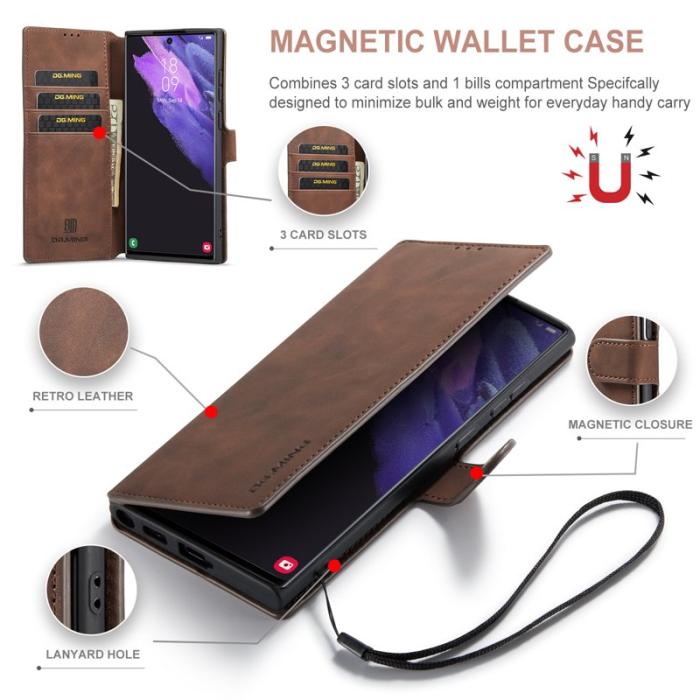 DG.MING - DG.MING Retro PU Leather Wallet Skal för Samsung Galaxy S22 Ultra - Coffee