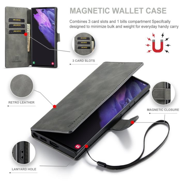 DG.MING - DG.MING Retro PU Leather Wallet Skal för Samsung Galaxy S22 Ultra - Grå