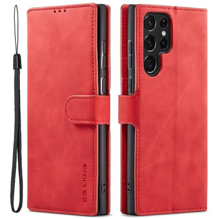 DG.MING - DG.MING Retro PU Leather Wallet Skal för Samsung Galaxy S22 Ultra - Röd