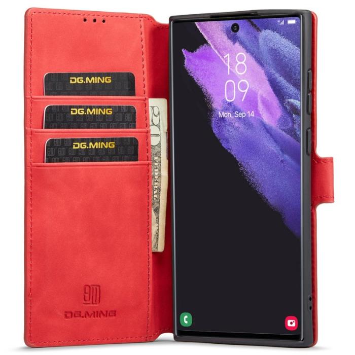 DG.MING - DG.MING Retro PU Leather Wallet Skal för Samsung Galaxy S22 Ultra - Röd