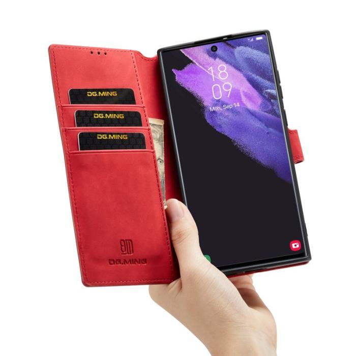 DG.MING - DG.MING Retro PU Leather Wallet Skal för Samsung Galaxy S22 Ultra - Röd