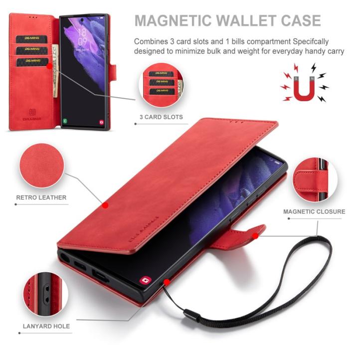 DG.MING - DG.MING Retro PU Leather Wallet Skal för Samsung Galaxy S22 Ultra - Röd