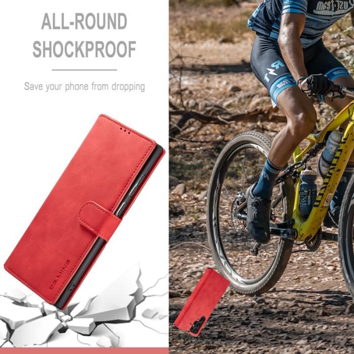 DG.MING - DG.MING Retro PU Leather Wallet Skal för Samsung Galaxy S22 Ultra - Röd