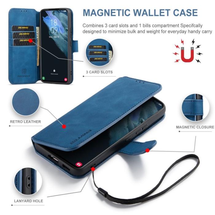 DG.MING - DG.MING Retro Style Konstläder Plånboksfodral för Samsung Galaxy S22 5G - Blå